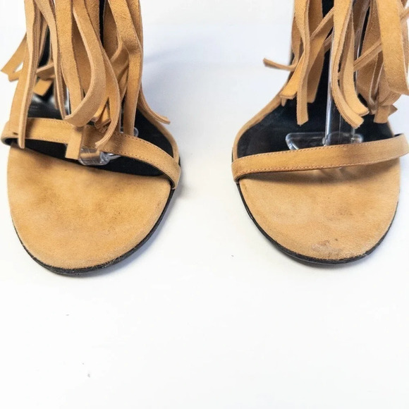 Gucci Becky Suede Fringe Camelia color Gladiator Sandal Heels 40/ US 10 - Picture 2 of 16